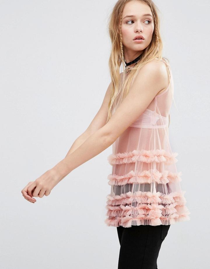 Asos Top With Frill Detail In Mesh - Gray