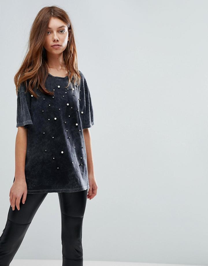 Bershka Pearl Detail T-shirt - Gray