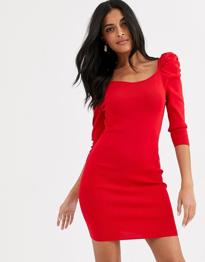 River Island Puff Sleeve Knitted Dress In Red