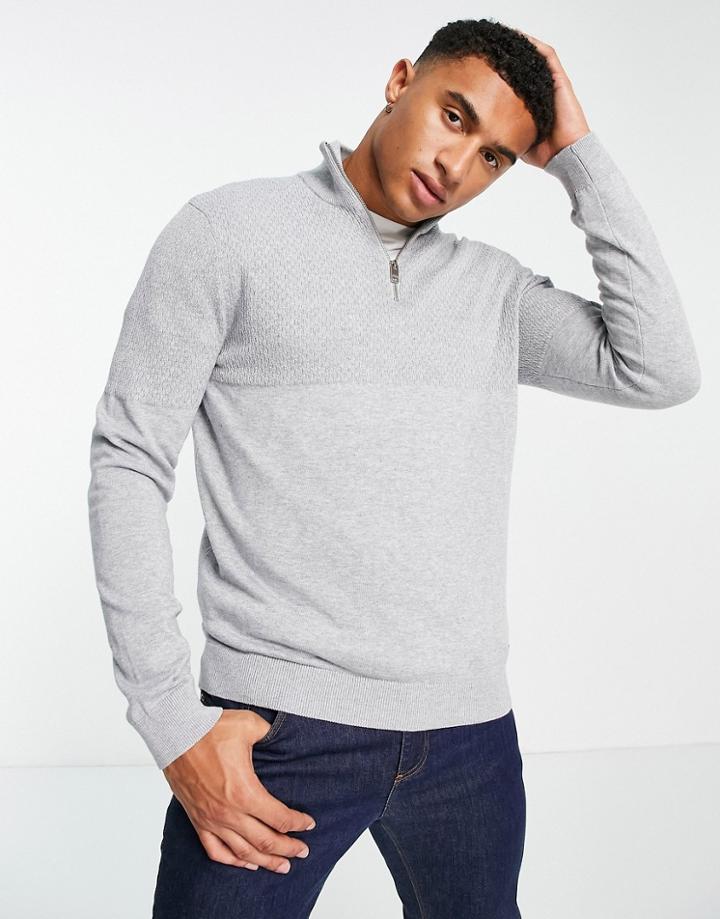 Jack & Jones 1/4 Zip Sweater In Light Gray