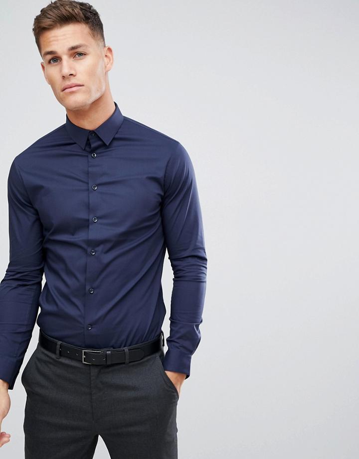Celio Smart Shirt With Stretch In Navy - Navy