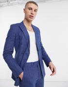 Asos Design Super Skinny Double Breasted Cotton Linen Pinstripe Suit Jacket In Blue-blues
