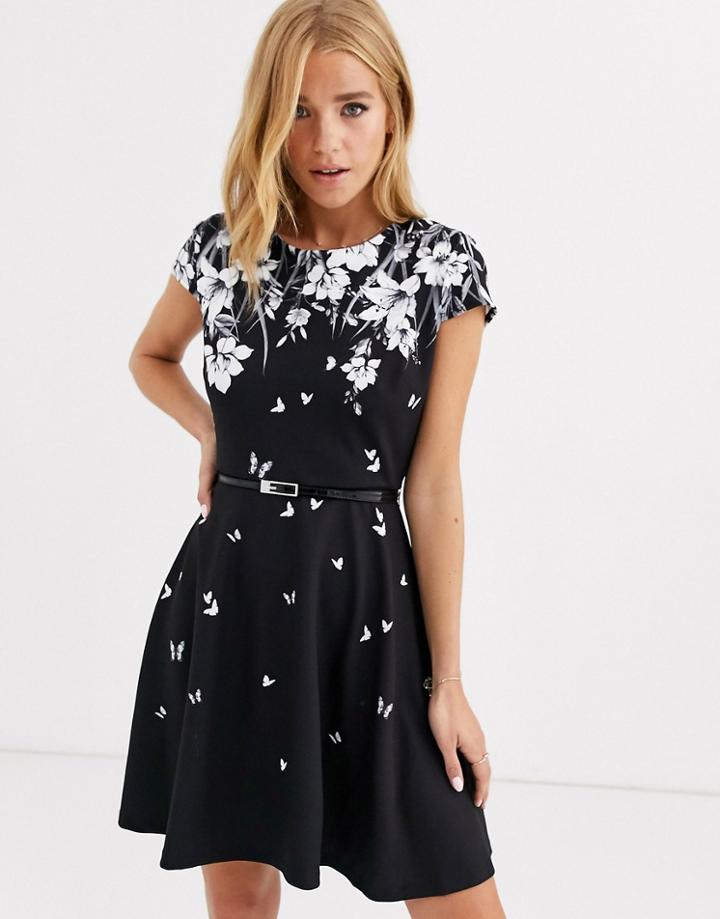 Lipsy Floral Skater Dress In Black Multi-pink