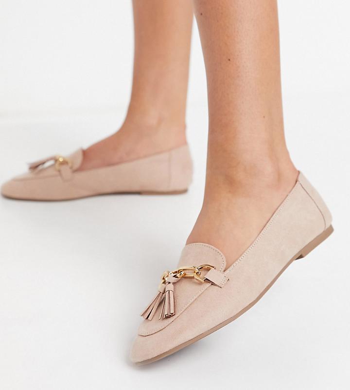 London Rebel Wide Fit Metal Trim Loafers In Beige-neutral
