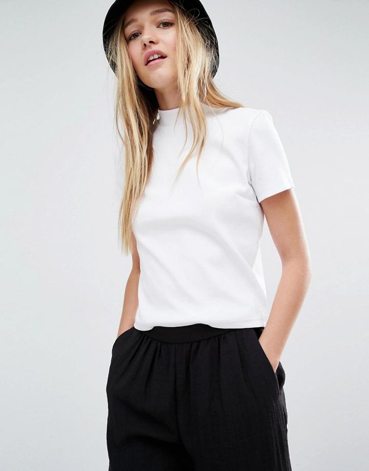 Monki Ribbed High Neck T-shirt - White