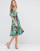 Asos Pleated Caftan Midi Dress In Turquoise Floral - Multi