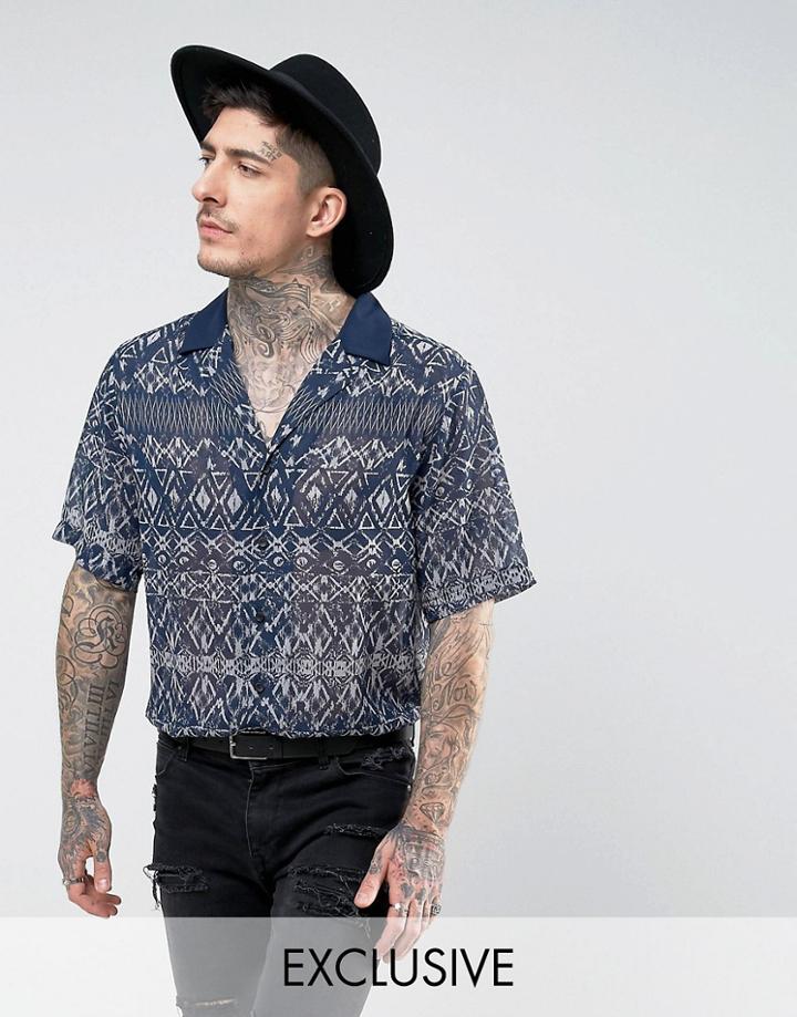 Reclaimed Vintage Inspired Revere Shirt With Geo Print Reg Fit - Navy