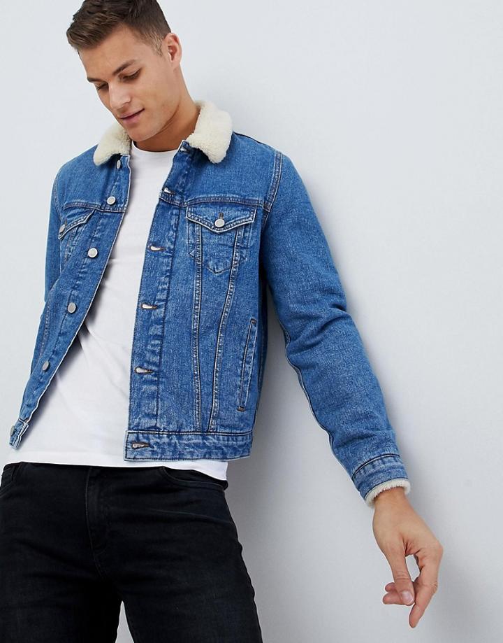 Asos Design Denim Jacket With Fleece Collar In Light Wash - Blue