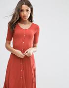 Asos Tall 90s Skater Dress In Baby Rib With Poppers - Red