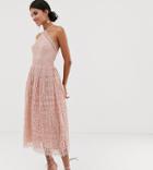Asos Design Tall Lace Midi Dress With Pinny Bodice - Pink