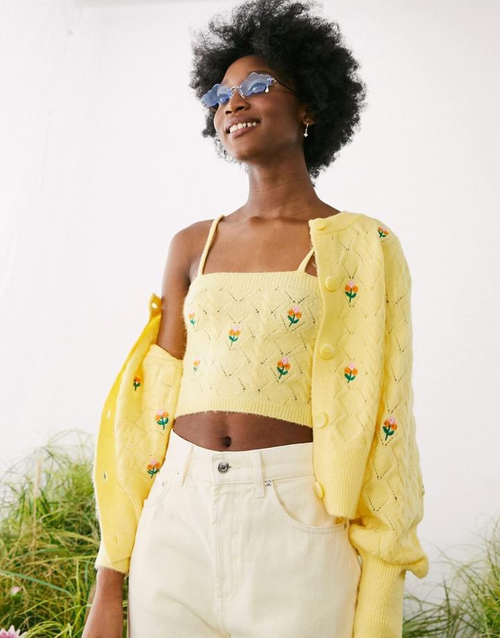Asos Design Cable Cardigan With Embroidered Flowers In Yellow - Part Of A Set
