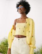 Asos Design Cable Cardigan With Embroidered Flowers In Yellow - Part Of A Set