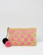 Asos Beach Straw Spot Clutch Bag With Poms - Multi