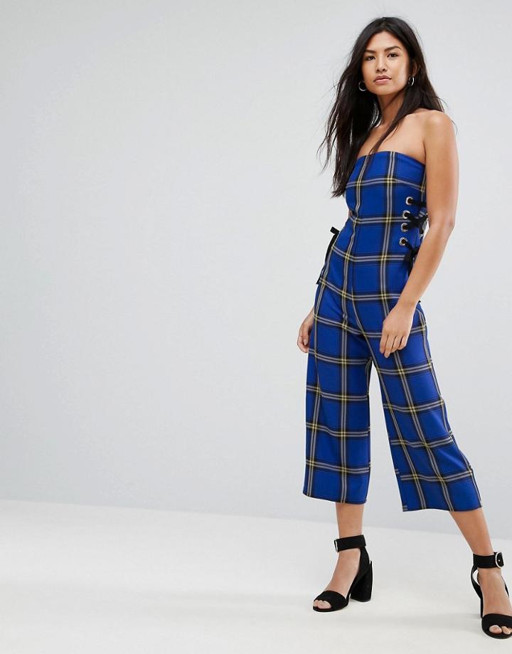 Asos Bandeau Jumpsuit In Check Print With Lace Up Side Detail - Multi