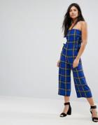 Asos Bandeau Jumpsuit In Check Print With Lace Up Side Detail - Multi