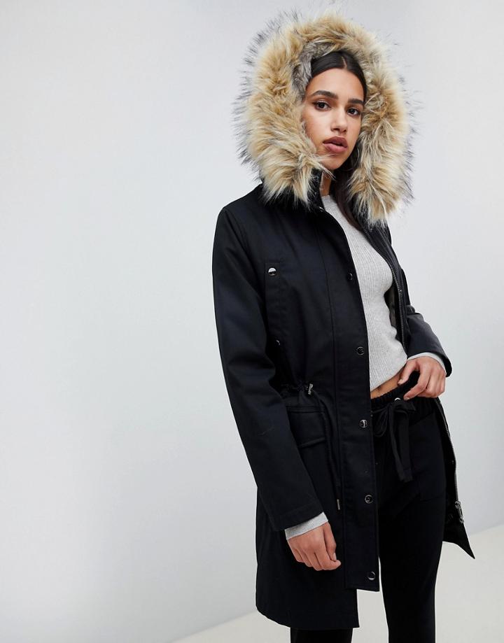 Asos Design Parka With Detachable Faux Fur Liner - Black