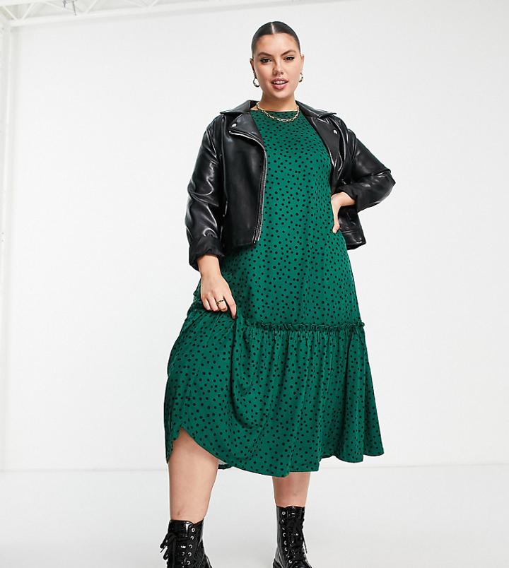 Simply Be Midi Smock Dress With Tiered Hem In Green Polka Dot