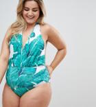 Unique 21 Plus Sive Plunge Front Palm Print Swimsuit - Green