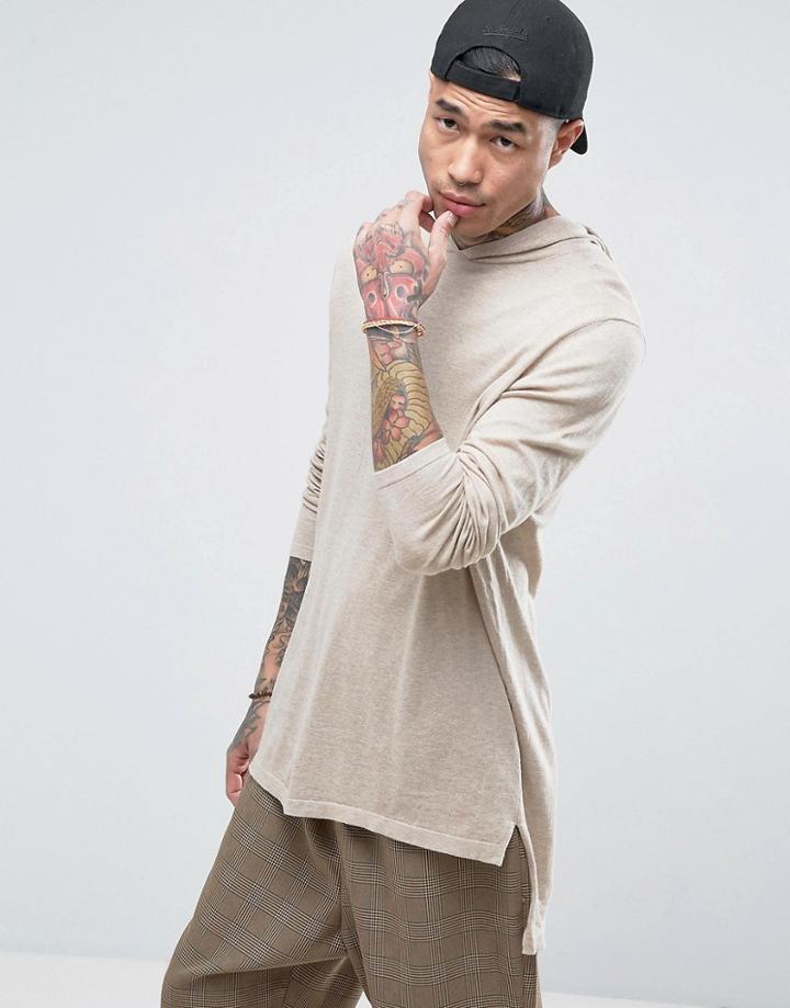 Asos Longline Side Split Sweater In Stone - Beige