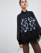 Lost Ink Shirt With Floral Sequin Embellishment And Faux Feather Trim - Black