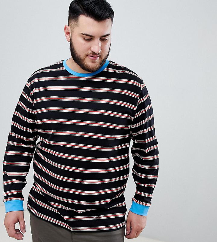 Asos Design Plus Relaxed Long Sleeve T-shirt With Tonal Retro Stripe - Black