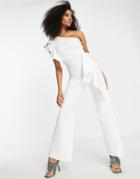 True Violet One Shoulder Wide Leg Jumpsuit In Ivory-white