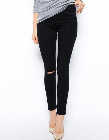 Asos Jameson Low Rise Denim Jeggings In Washed Black With Ripped Knee