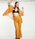 Collusion Plisse Abstract Floral Print Flare Pants In Peach - Part Of A Set-multi