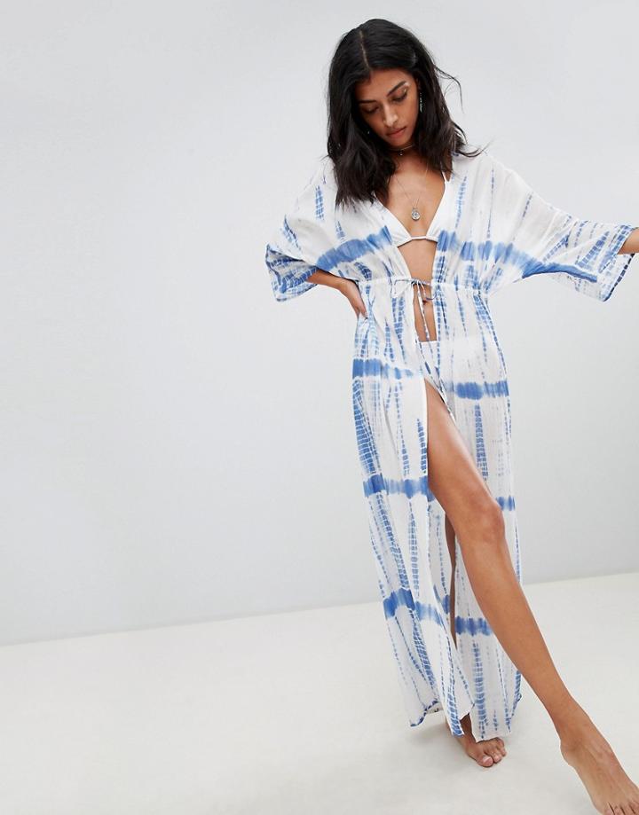 Asos Design Blue Tie Dye Tassel Beach Maxi Kimono - Multi