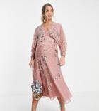 Asos Design Maternity Floral Embroidered Batwing Midi Dress In Rose-pink
