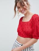 Asos Design Embroidered Square Neck Crop Top - Red