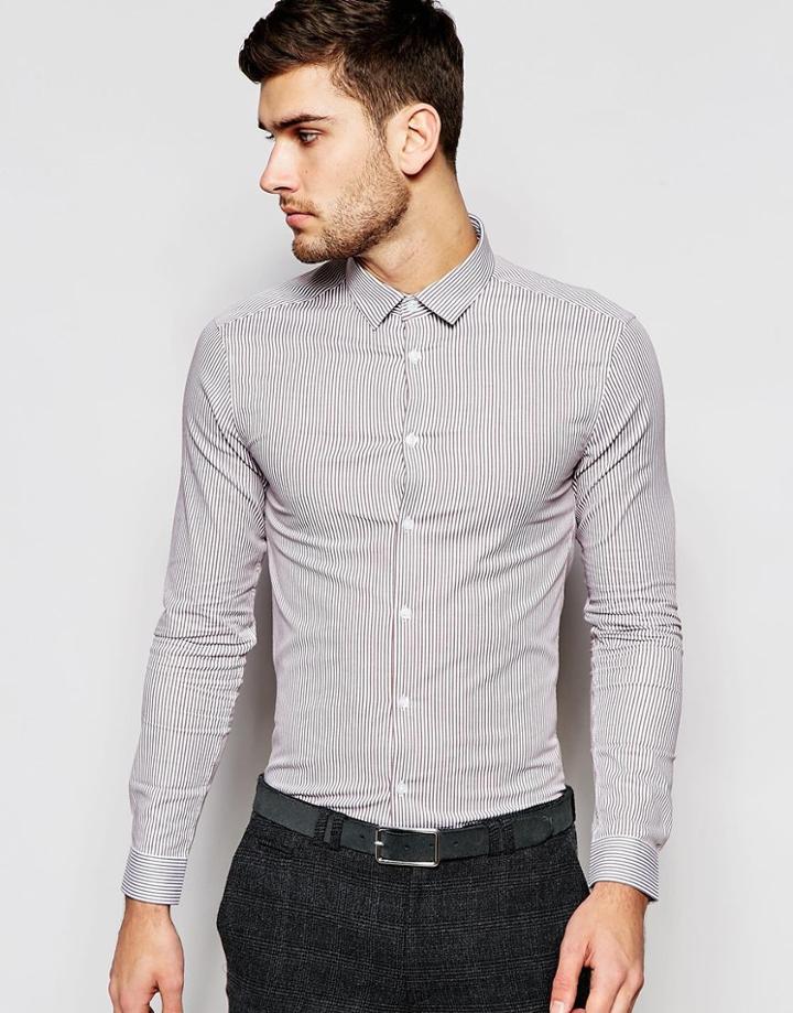 Asos Skinny Shirt In Micro Brown Stripe With Long Sleeves - Brown
