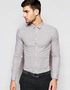 Asos Skinny Shirt In Micro Brown Stripe With Long Sleeves - Brown