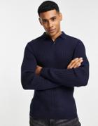 Topman Long Sleeve Ribbed Polo In Navy