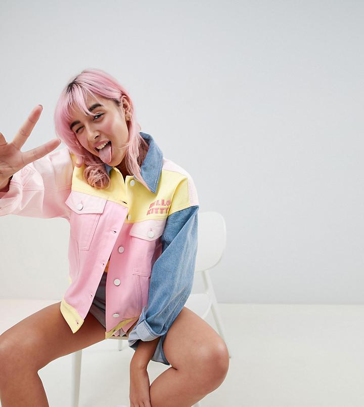 Hello Kitty X Asos Design Color Block Denim Jacket With Embroidery Detail - Multi