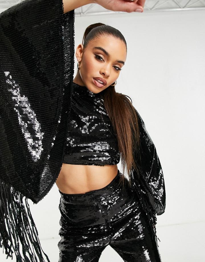 Asos Luxe Sequin Fringe Sleeve Top With Open Back In Black - Part Of A Set