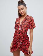 Prettylittlething Frill Wrap Mini Dress In Red Leopard - Red