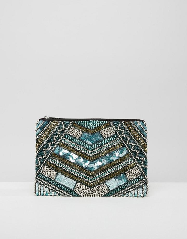 Little Mistress Blue Sequin And Gold Embellished Clutch - Multi
