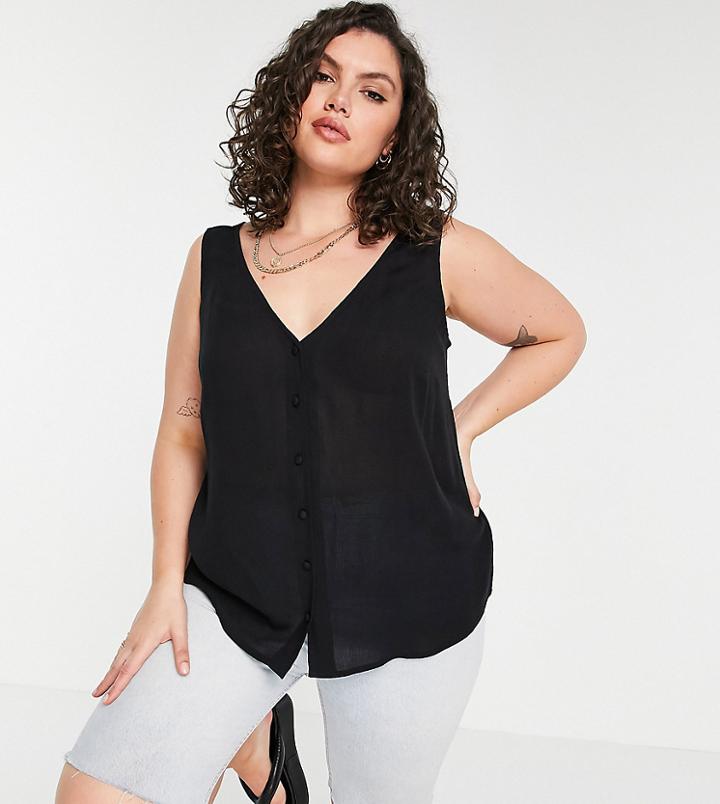 Asos Design Curve V Neck Button Front Crinkle Cami In Black-no Color