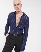 Asos Design Skinny Stretch Lace Shirt In Navy