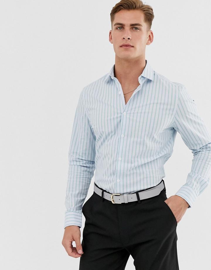 Asos Design Slim Fit Shirt In Blue & Green Stripe With Cutaway Collar