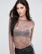 Y.a.s Sheer Round Neck Lace Top - Brown