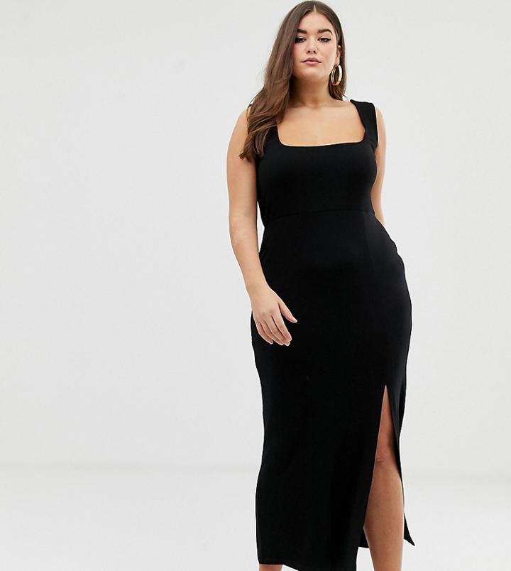 Asos Design Curve Square Neck Mixed Fabric Maxi Dress With Split - Black