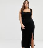 Asos Design Curve Square Neck Mixed Fabric Maxi Dress With Split - Black