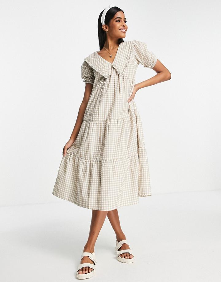 Influence Peter Pan Collar Midi Dress In Beige Gingham-neutral