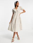 Influence Peter Pan Collar Midi Dress In Beige Gingham-neutral