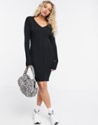 Weekday Fleur Rib Knit Collared Mini Dress In Black