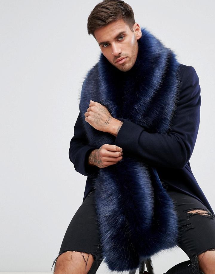 Asos Faux Fur Scarf In Navy - Navy
