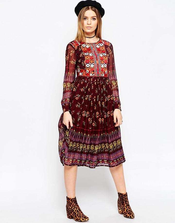 Asos Premium Embroidered And Print Midi Dress - Multi