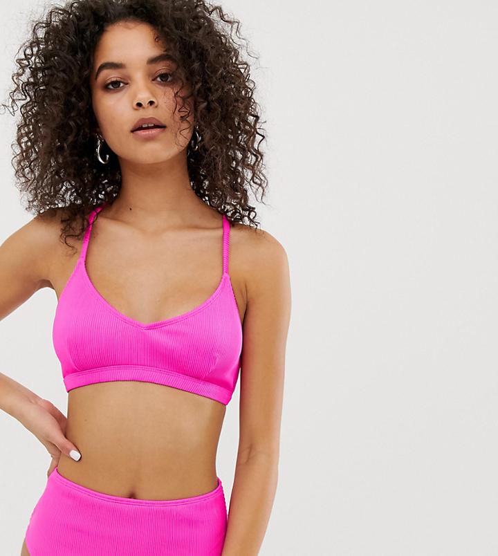 Warehouse Ribbed Bikini Top With Cross Back In Bright Pink - Pink